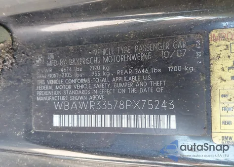 2008 BMW 328I from USA, damaged, VIN WBAWR33578PX75243
